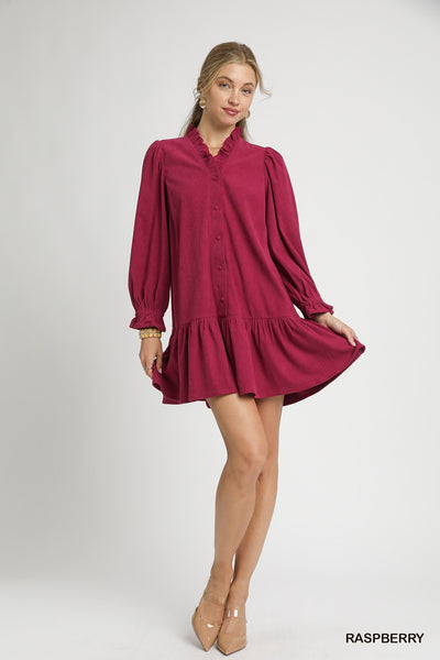 taking it all in corduroy dress | raspberry