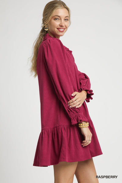 taking it all in corduroy dress | raspberry