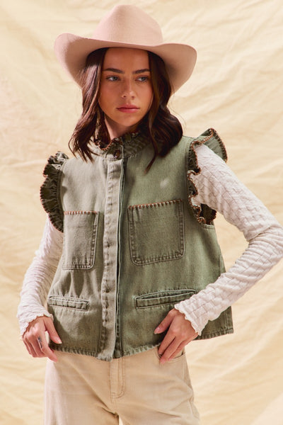 for the frill washed denim ruffle vest | lt olive + brown