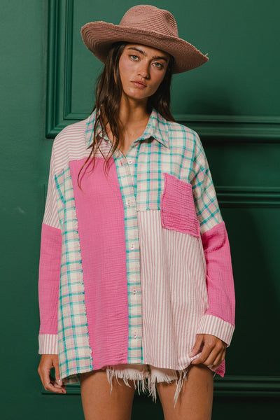 cue the drama colorblock button up | hot pink