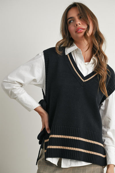 at a glance striped trim sleeveless sweater | black