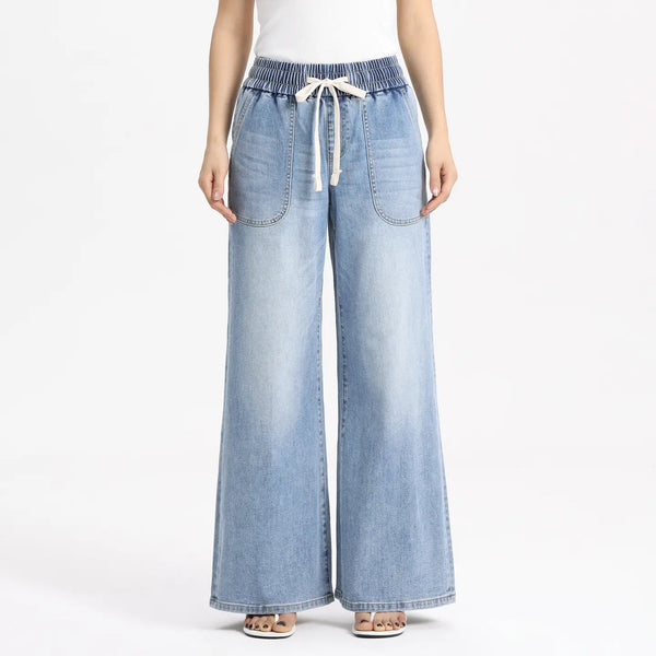 harlan high rise drawstring waist wide leg jeans | light blue