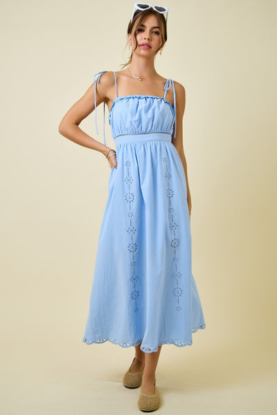 go with the glow embroidered lace trim sleeveless midi dress | powder blue