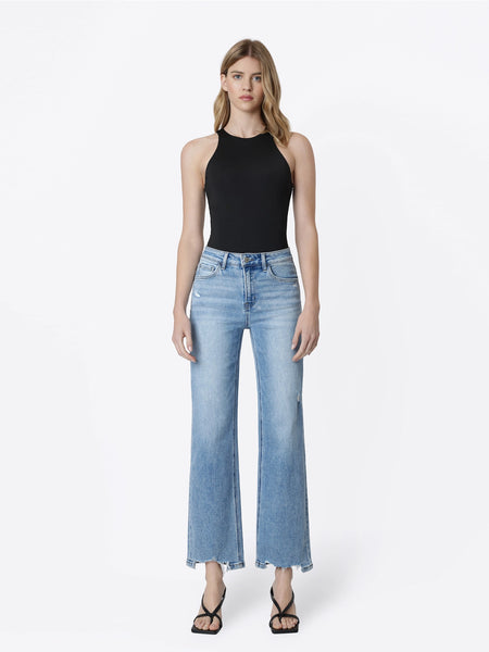 tate high rise distressed hem slim wide leg jeans | glowing