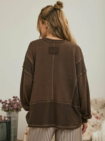 isn't that something raw edge knit top | chocolate brown
