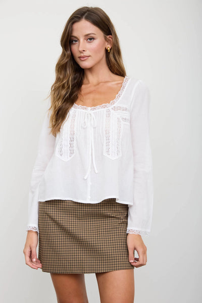 take it outside front tie lace trim top | white