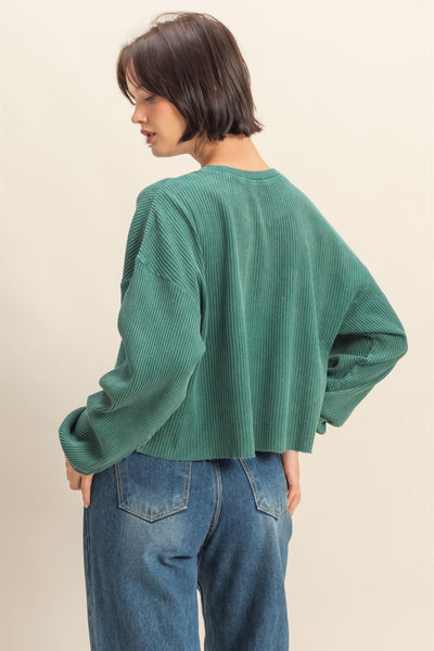 sweet applause mineral wash waffle knit top | deep green