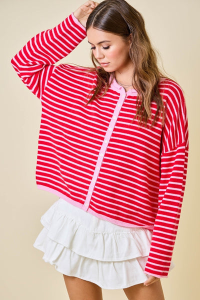 left it at that striped cardigan | pink + red