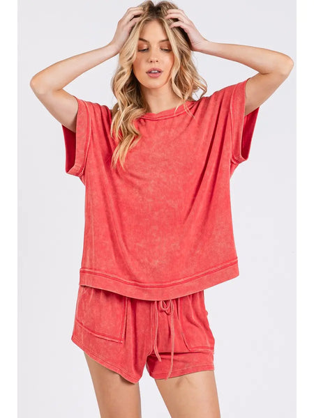 soft current washed ribbed set | red