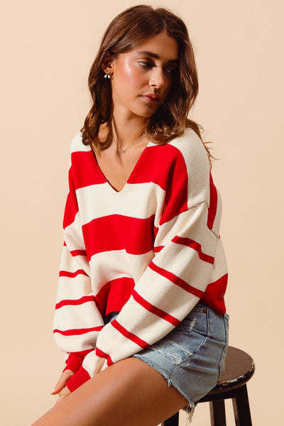 everything aligned striped knit sweater | red + ivory