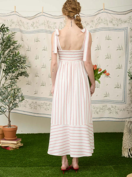 effortlessly refined stripe tie strap empire waist midi dress | red