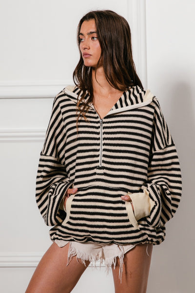 behind the scenes stripe knit hoodie | cream + black