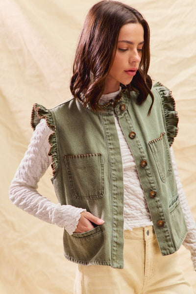 for the frill washed denim ruffle vest | lt olive + brown
