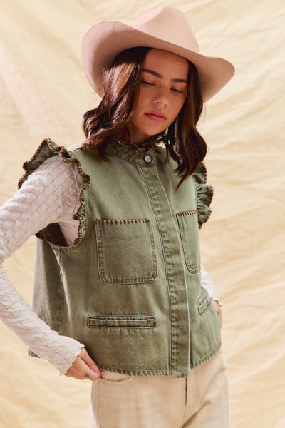 for the frill washed denim ruffle vest | lt olive + brown