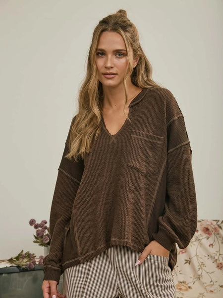 isn't that something raw edge knit top | chocolate brown
