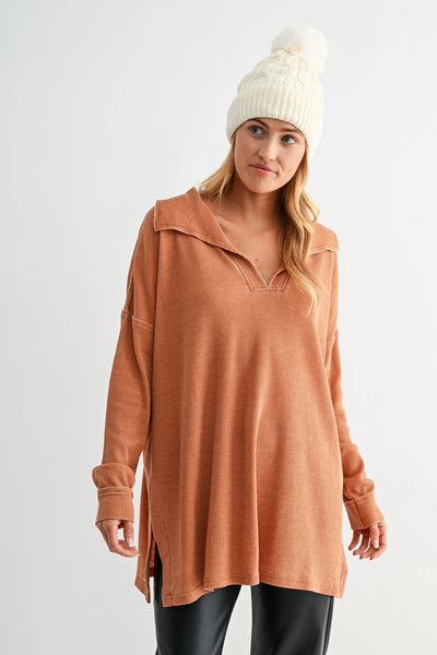 push the limits oversized waffle knit top | burnt amber