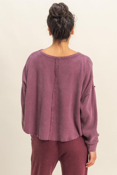 simple joys mineral wash drop shoulder waffle knit top | plum