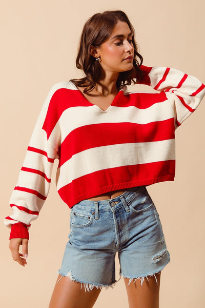 everything aligned striped knit sweater | red + ivory