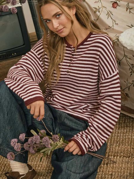 watch her work striped button henley | burgundy