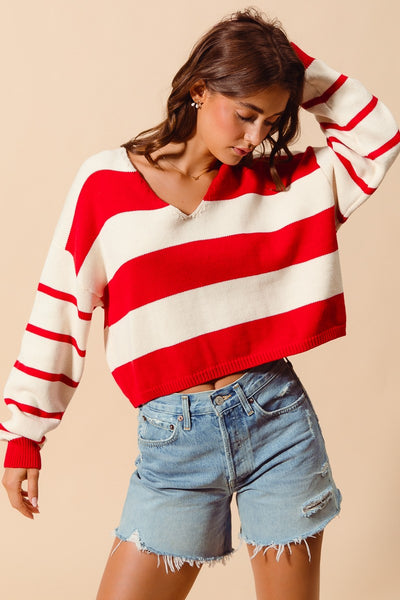 everything aligned striped knit sweater | red + ivory