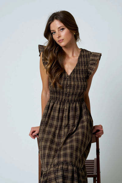 nothing more to say plaid smocked midi dress  | brown