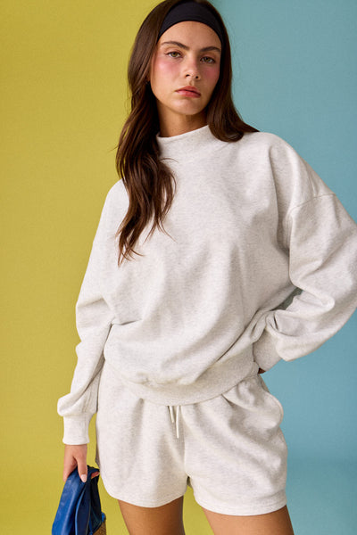 a step ahead mock neck sweater + short set | white melange