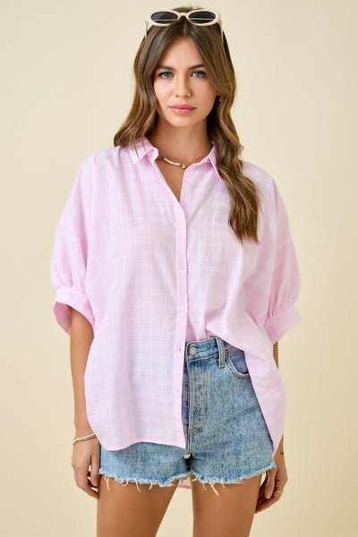 what comes next button down textured check top | pink