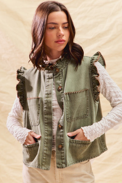 for the frill washed denim ruffle vest | lt olive + brown