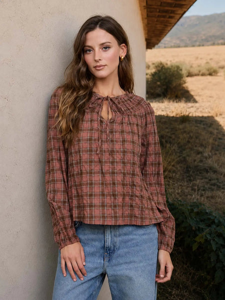 heartfelt memories plaid shirred yoke top | brown