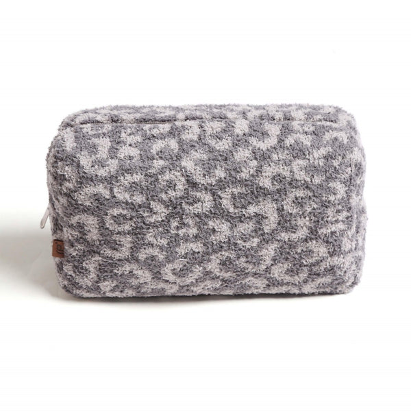 leopard sherpa cosmetic bag | charcoal
