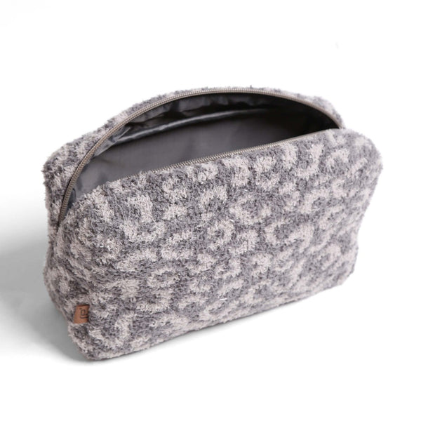 leopard sherpa cosmetic bag | charcoal