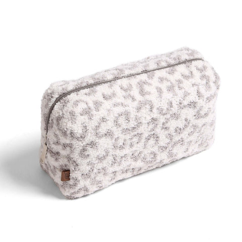 leopard sherpa cosmetic bag | grey