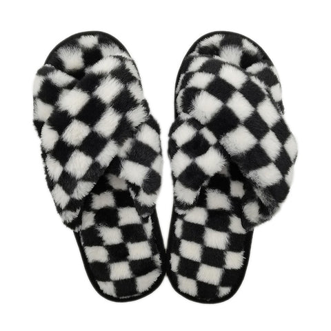 checkered criss-cross slippers | black + white