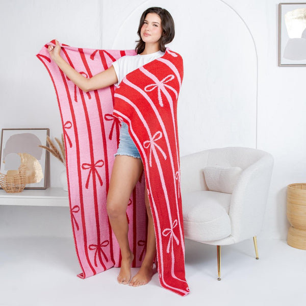 ultra plush pink + red striped bow blanket!