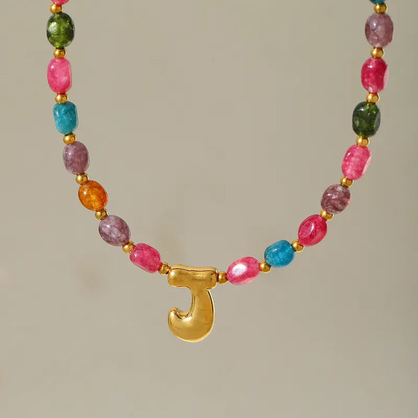 18K gold plated initial stone beaded necklace!