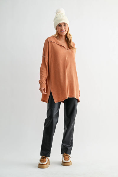 push the limits oversized waffle knit top | burnt amber