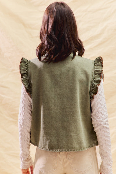 for the frill washed denim ruffle vest | lt olive + brown