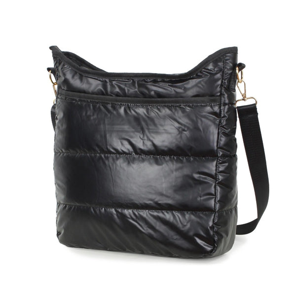 puffy metallic crossbody tote bag | black