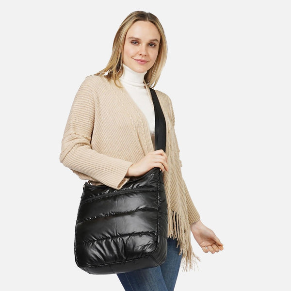 puffy metallic crossbody tote bag | black
