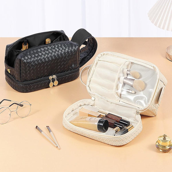 woven leather makeup bag | black