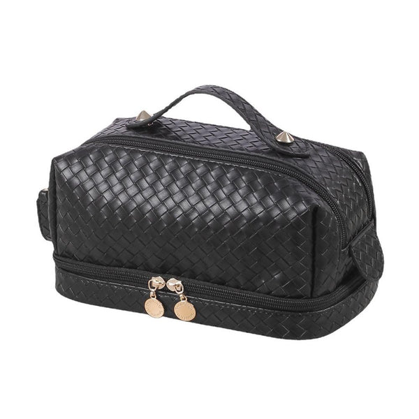 woven leather makeup bag | black