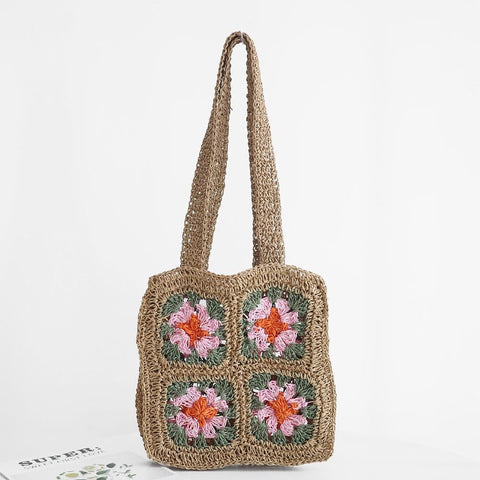 woven floral square tote | brown