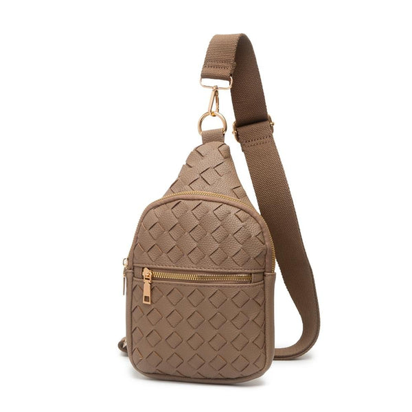 vegan leather basketweave sling bag | cumin