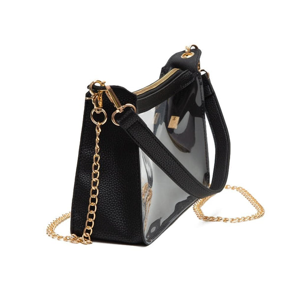 clear crossbody bag + gold chain strap | black