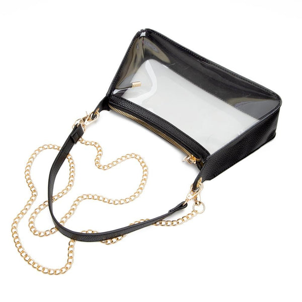 clear crossbody bag + gold chain strap | black
