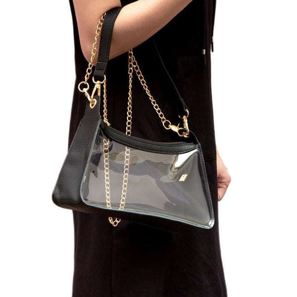clear crossbody bag + gold chain strap | black