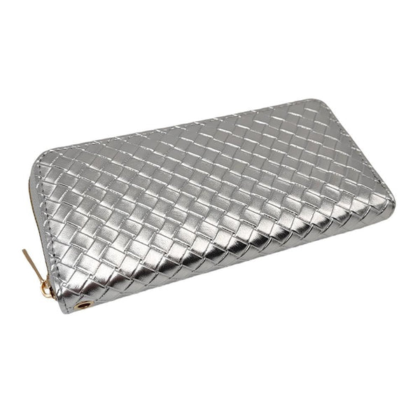 leather basket weave wallet | silver