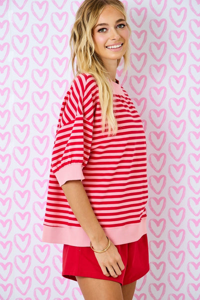 timeless type striped mock neck pullover | red + pink
