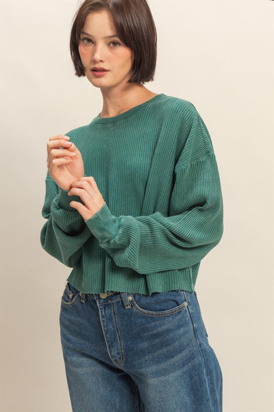 sweet applause mineral wash waffle knit top | deep green