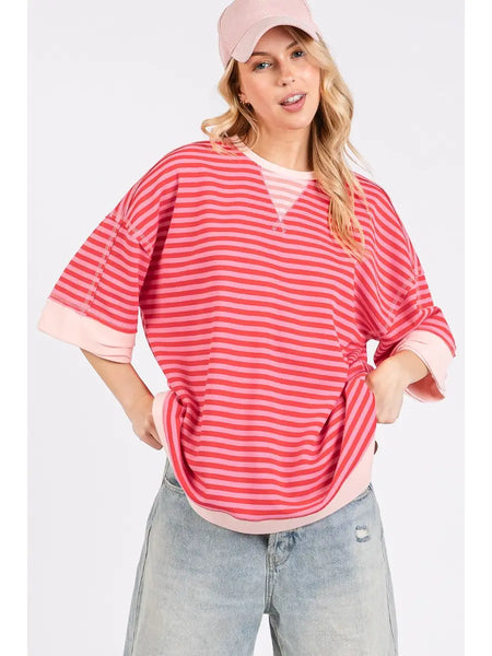 loving detail striped oversized top | pink combo